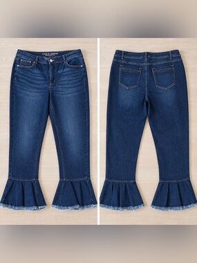 Love & Legend Dark Blue Denim Flare Jeans with Ruffled Hem